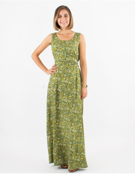 Vestido largo poliester sin mangas estampado cachemire dorado