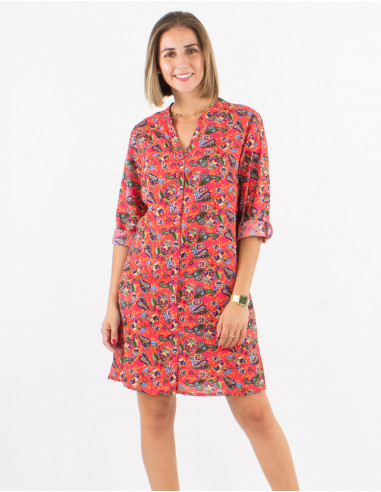 Vestido corto poliester con botones mangas 3/4 remangables estampado mistery