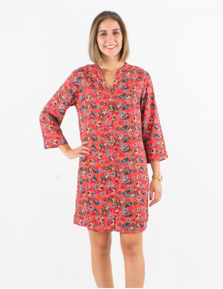 Vestido corto poliester con botones mangas 3/4 remangables estampado mistery