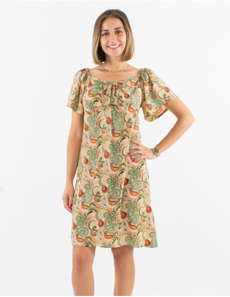 Vestido corto poliester mangas cortas estampado cachemire