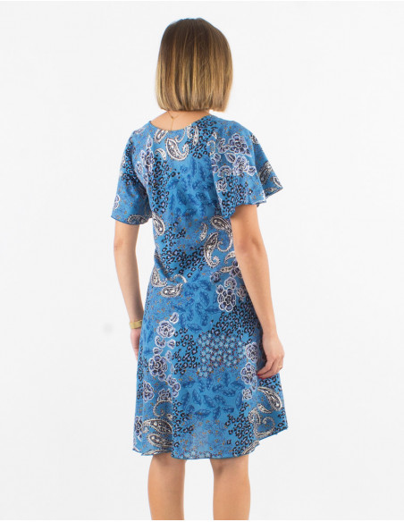 Vestido corto poliester paraguas mangas cortas estampado pansy plata