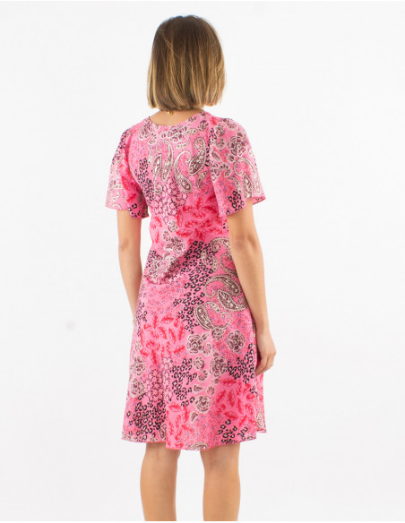 Vestido corto poliester paraguas mangas cortas estampado pansy plata