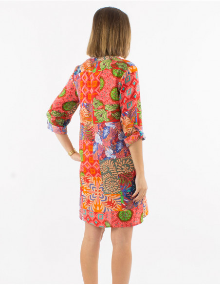 Vestido viscosa mangas 3/4 remangables estampado ethno