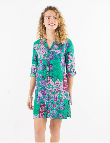 Vestido viscosa mangas 3/4 remangables estampado ethno