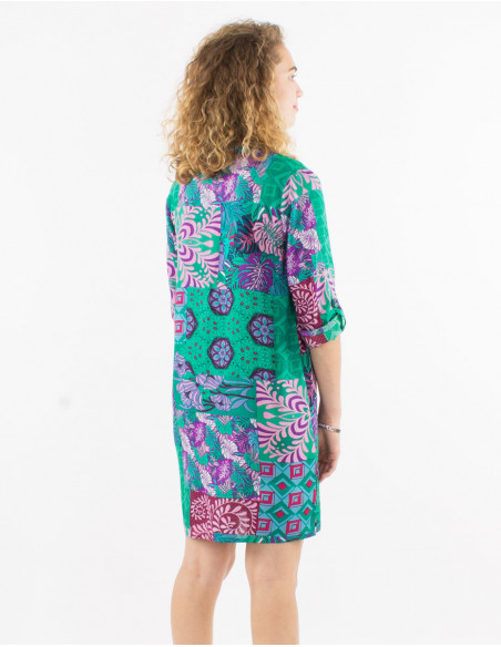 Vestido viscosa mangas 3/4 remangables estampado ethno