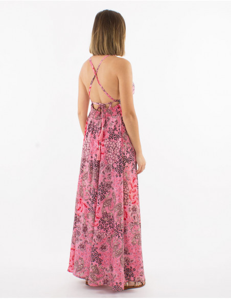 Vestido largo poliester espalda descubierta estampado pansy