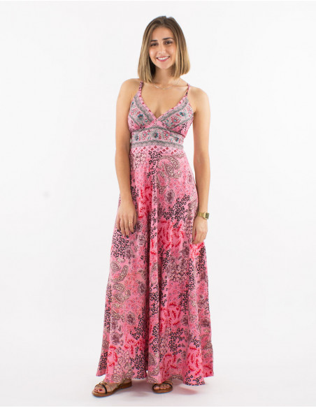 Vestido largo poliester espalda descubierta estampado pansy