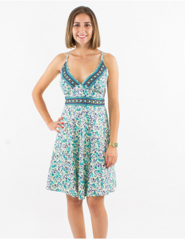 Vestido corto poliester espalda descubierta sari estampado dorado