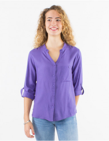 Blusa viscosa lisa con botones mangas largas