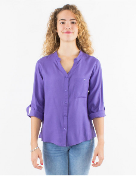 Blusa viscosa lisa con botones mangas largas