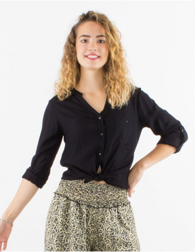 Blusa viscosa lisa con botones mangas largas