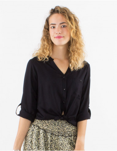 Blusa viscosa lisa con botones mangas largas