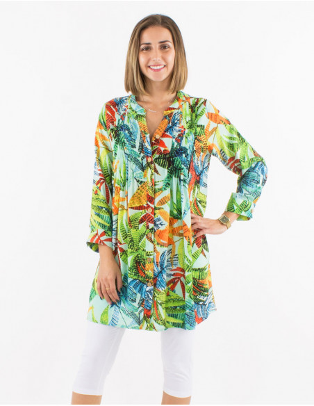 Tunica viscosa con botones mangas 3/4 estampado hawai