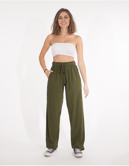 Pantalon algodon fino liso sw mixto elastico cinture bolsillos lados
