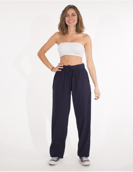 Pantalon algodon fino liso sw mixto elastico cinture bolsillos lados