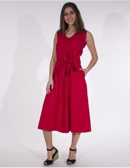 Vestido algodon liso con botones sw con cintura