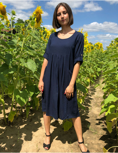 Vestido 54% lino 46% viscosa ancho mangas cortas