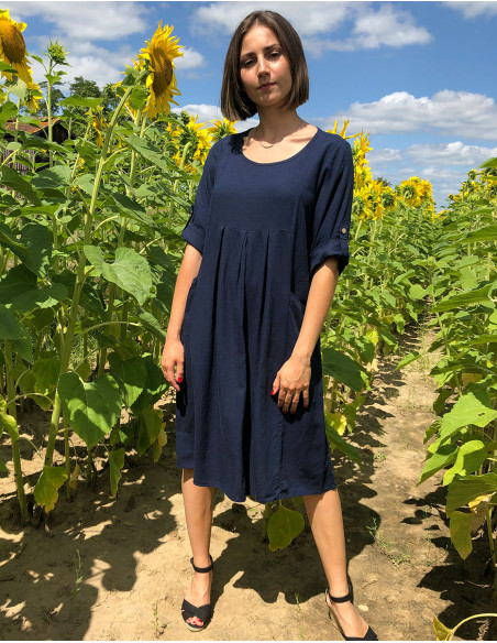 Vestido 54% lino 46% viscosa ancho mangas cortas