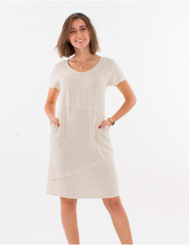 Vestido 54% lino46% viscosa cuello v mangas cortas