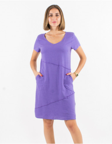 Vestido 54% lino46% viscosa cuello v mangas cortas