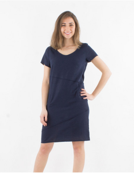 Vestido 54% lino46% viscosa cuello v mangas cortas