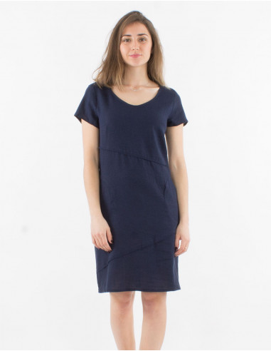 Vestido 54% lino46% viscosa cuello v mangas cortas