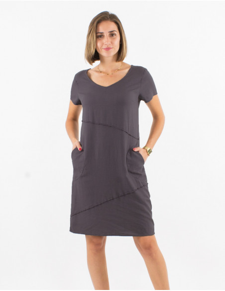 Vestido 54% lino46% viscosa cuello v mangas cortas