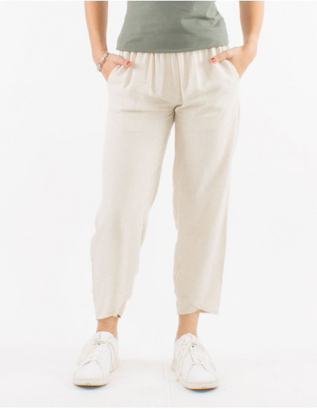Pantalon 54% lino 46% viscosa 2 bolsillos cintura elastica