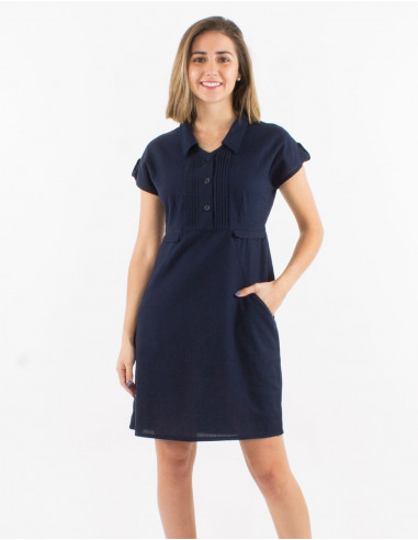 Vestido 91% algodon 9% lino liso mangas cortas