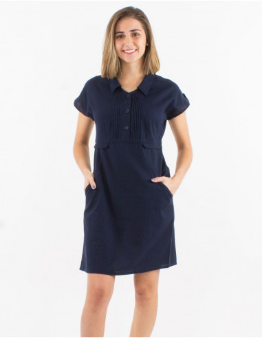 Vestido 91% algodon 9% lino liso mangas cortas