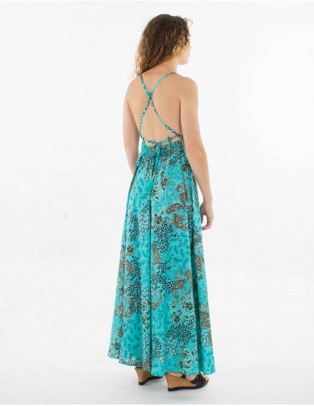 Vestido largo poliester espalda descubierta estampado pansy