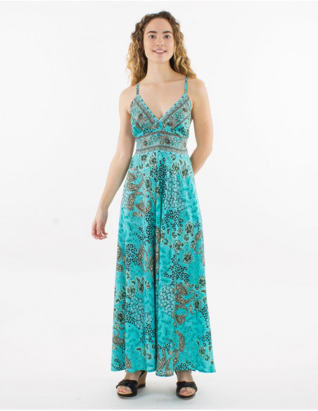 Vestido largo poliester espalda descubierta estampado pansy