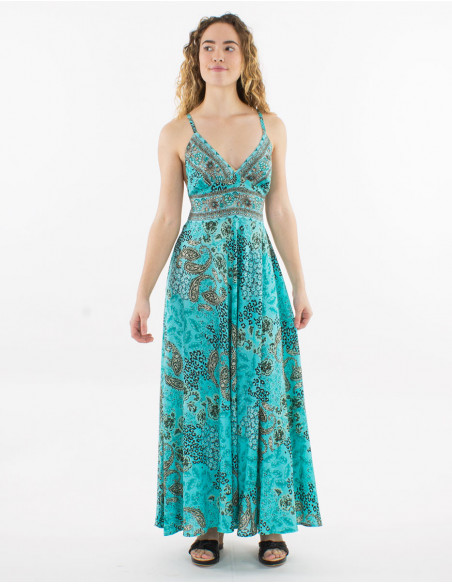 Vestido largo poliester espalda descubierta estampado pansy