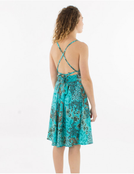 Vestido corto poliester espalda descubierta estampado pansy