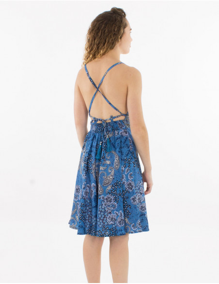 Vestido corto poliester espalda descubierta estampado pansy