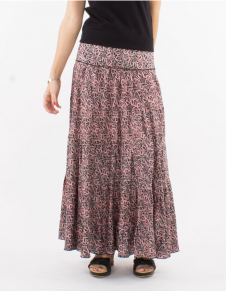 Falda larga poliester con volantes sari estampado plata