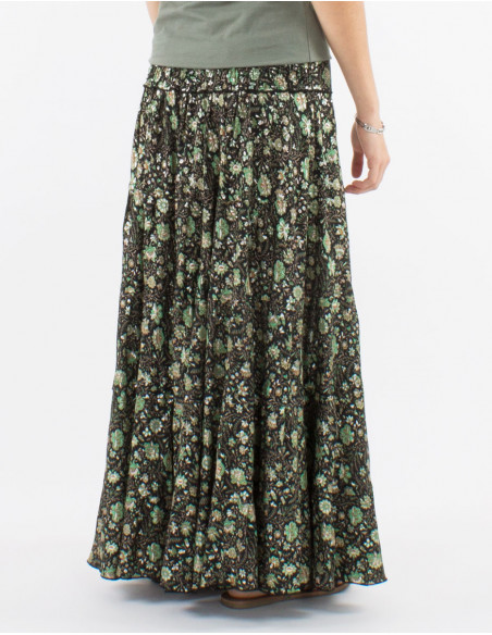 Falda larga poliester con volantes sari estampado plata