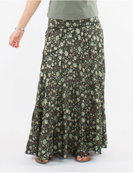 Falda larga poliester con volantes sari estampado plata