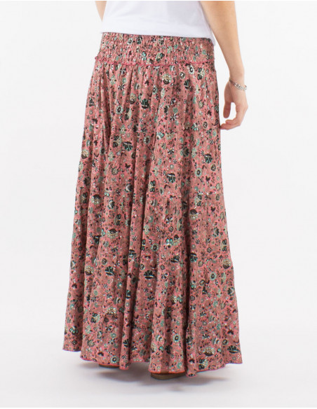 Falda larga poliester con volantes sari estampado plata