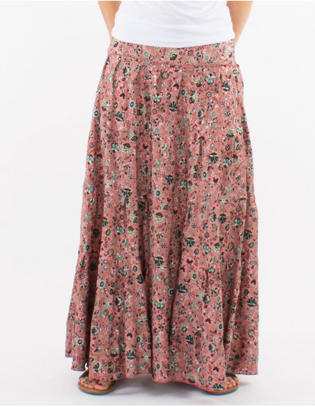 Falda larga poliester con volantes sari estampado plata