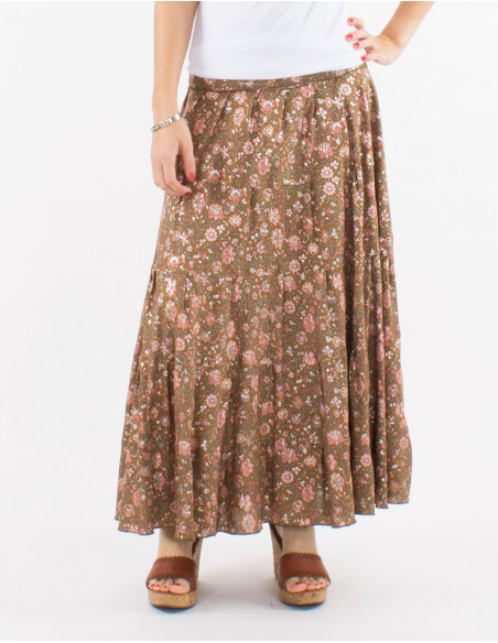 Falda larga poliester con volantes sari estampado plata