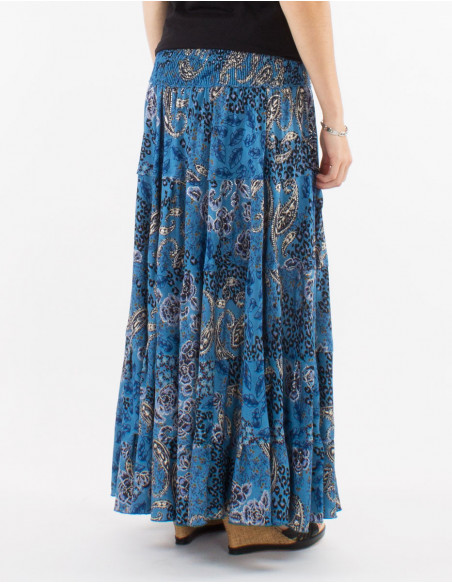 Falda larga poliester estampado pansy plata