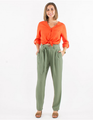 Pantalon 70% viscosa 30% lino con pliegue en la...