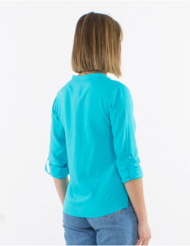 Blusa viscosa lisa con botones mangas largas