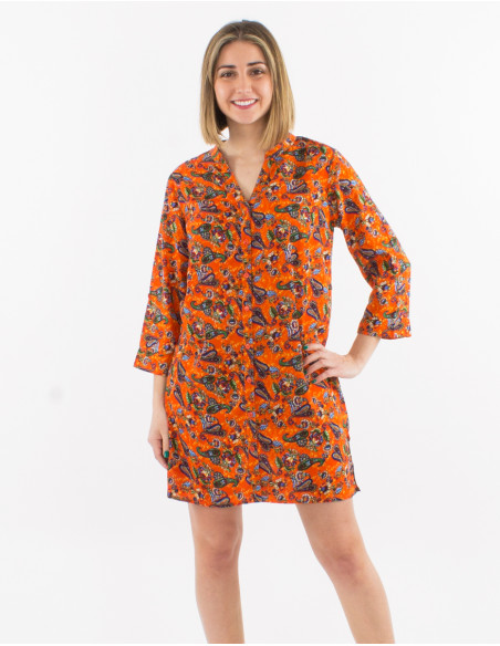 Vestido corto poliester con botones mangas 3/4 remangables estampado mistery