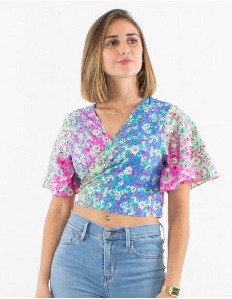 Blusa poliester mangas cortas estampado plateado