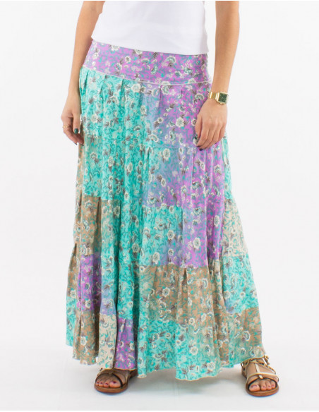 Falda larga poliester estampado plateado