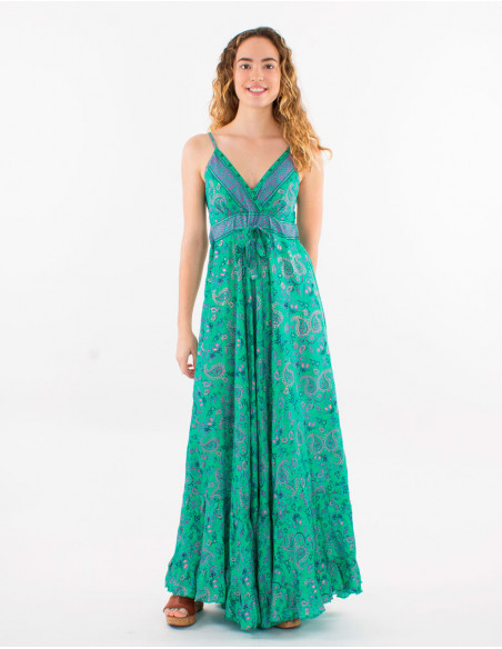 Vestido largo poliester tirantes estampado sari dorado