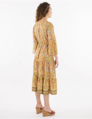 Vestido poliester mangas 3/4 estampado sari