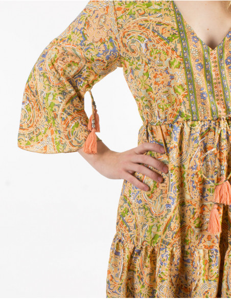 Vestido poliester mangas 3/4 estampado sari